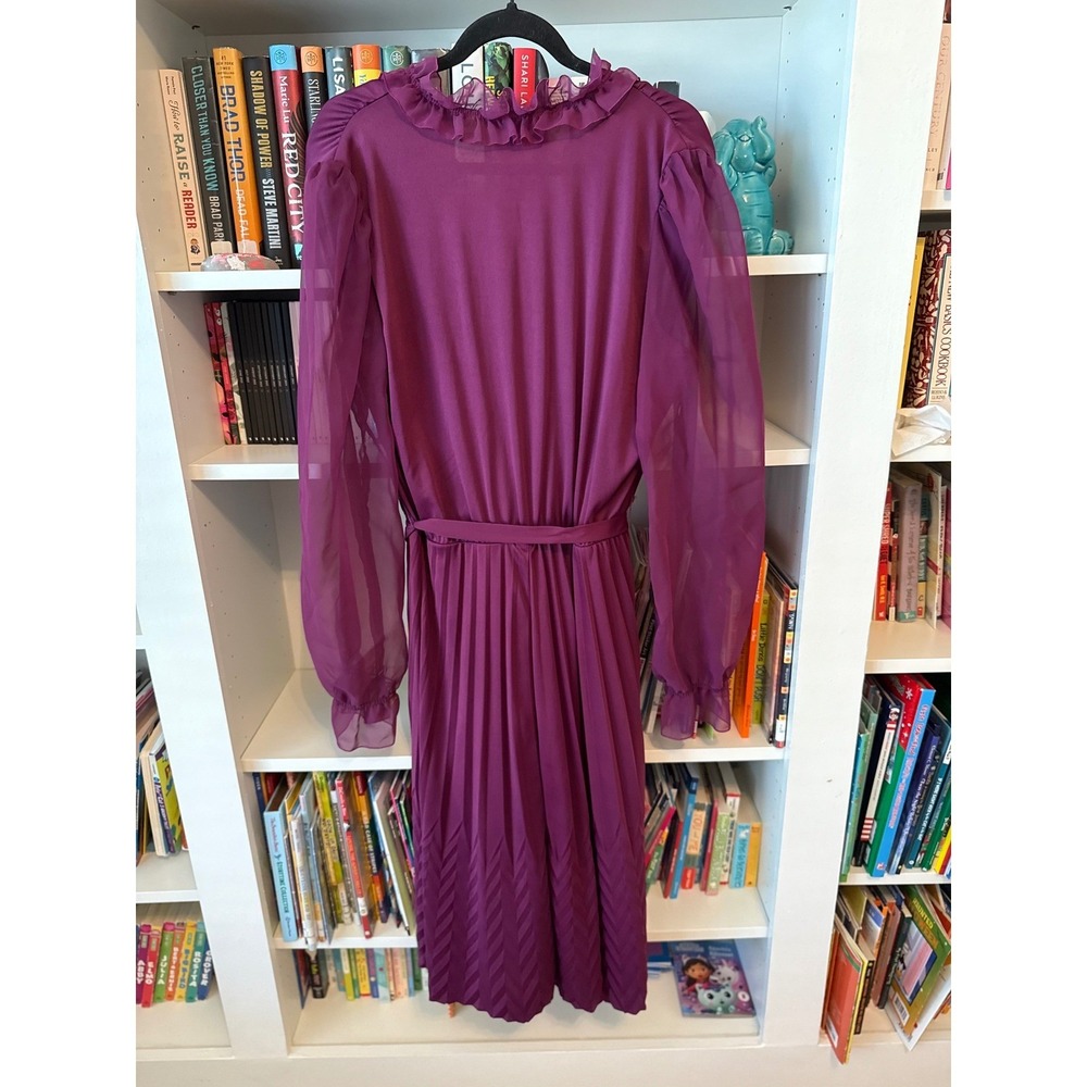 80s Pleated Midi Dress Ruffle Wrap Sheer Sleeve Plum Size 10 - Picture 6 of 6